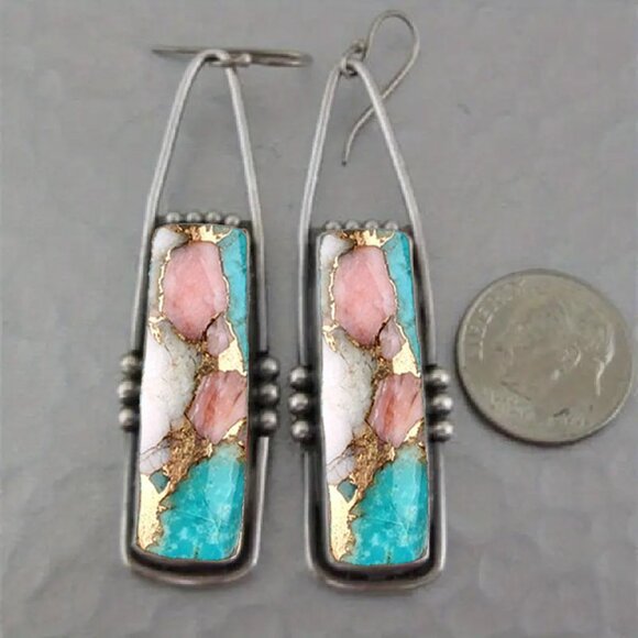 1pair Fashion Bohemian Earrings, Retro Rectangular Dangle Earrings - Picture 4 of 5